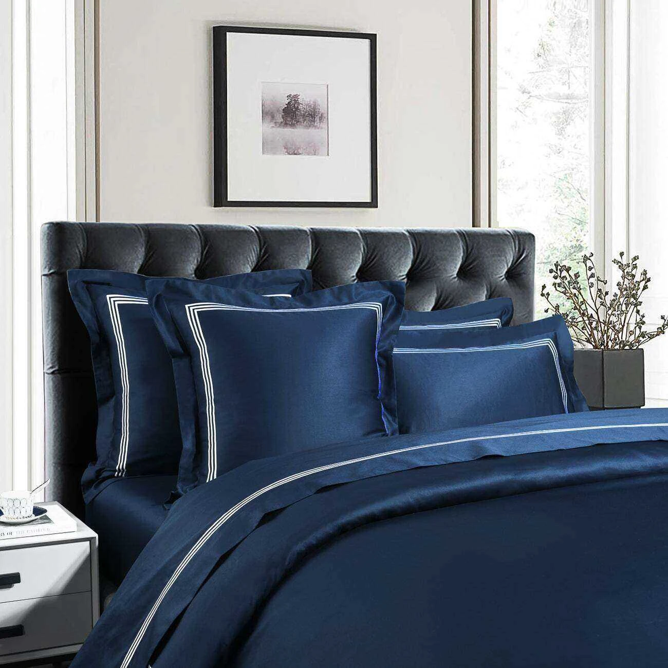 Ritz 1000 TC Embroidered Navy With White Quilt Cov 4 Ritz 1000 TC Embroidered Navy With White Quilt Cov - Image 2